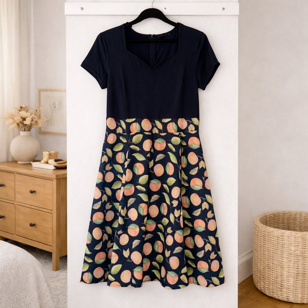 eShakti Custom Peach Print Midi Dress Navy Short Sleeve Fit & Flare Medium